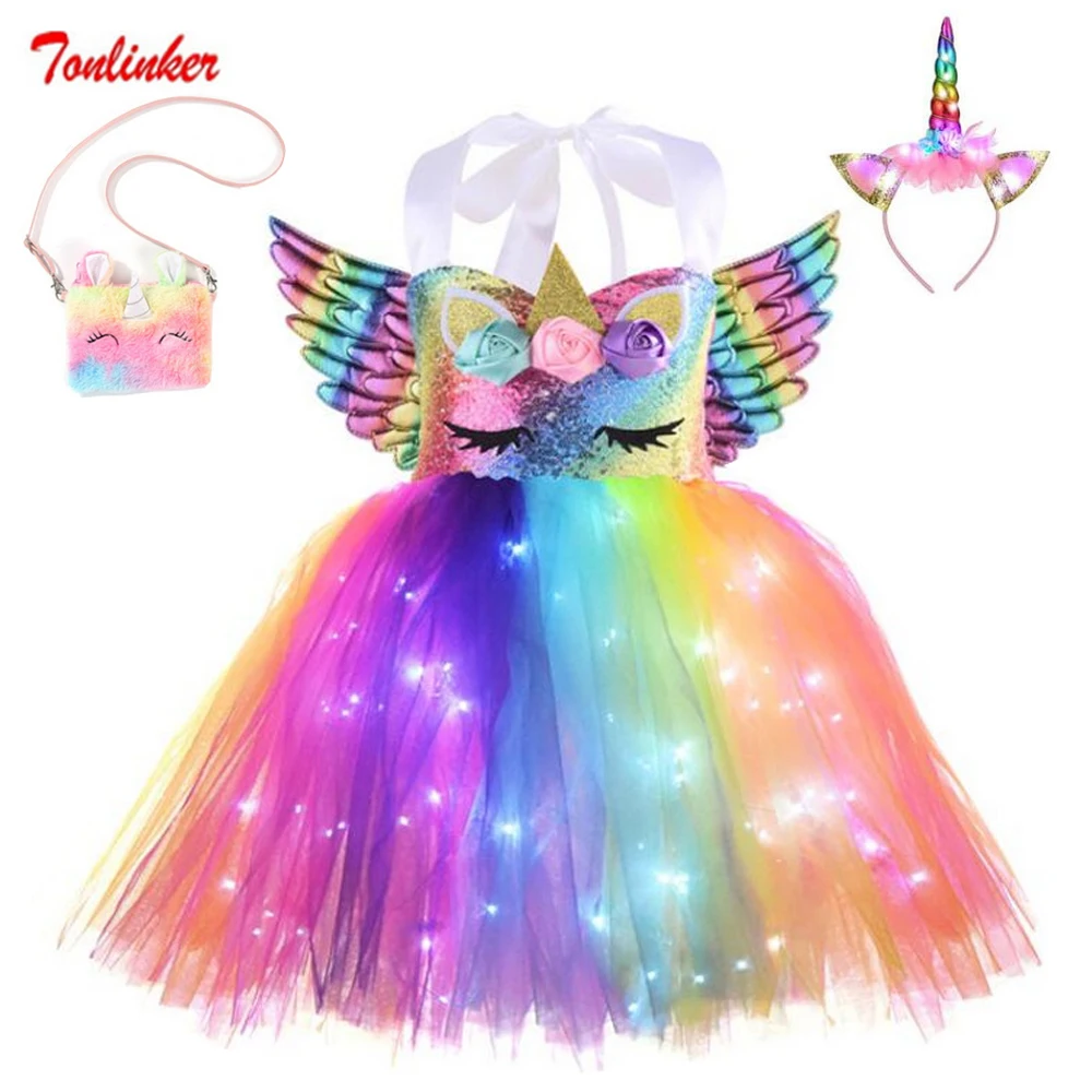 

Christmas New Year Girls Unicorn Costume Kids Color LED Lights Sequin Rainbow Birthday Party Tutu Dresses Shiny Princess Cosplay