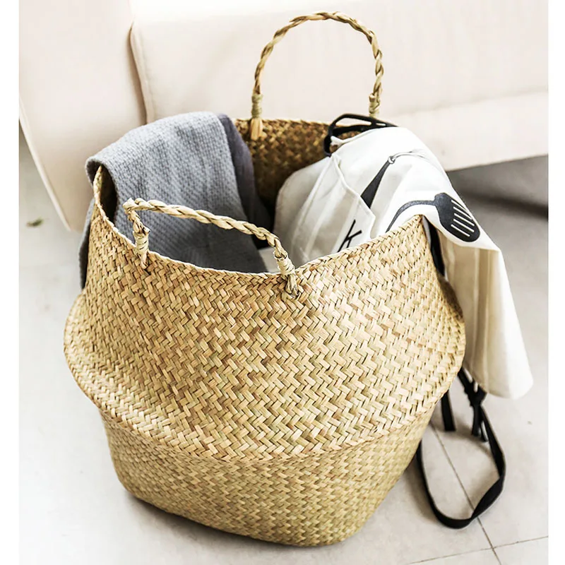 Rattan Wicker Basket Decor Floor Flower Pot Straw Laundry Basket Wicker Garden Seagrass Plant Pot Dirty Clothes Storage Basket