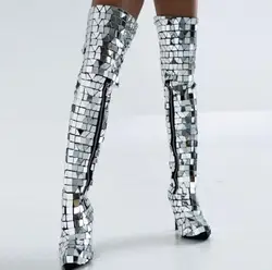 Nightclub DJ Dance Shoes Cover High Boots Women Mirror Stage Sliver Shiny