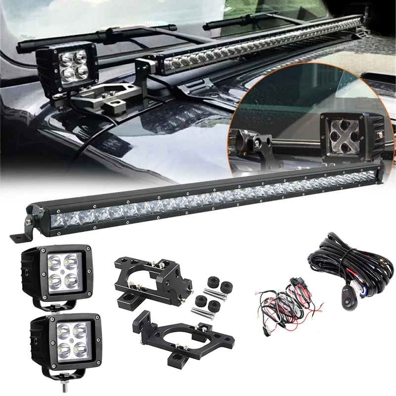 For Jeep Wrangler JL Sahara Rubicon Sport 2018 Up 42Inch 240W LED Light Bar 40W Pods Lights With Hood Windshield Mount Brackets