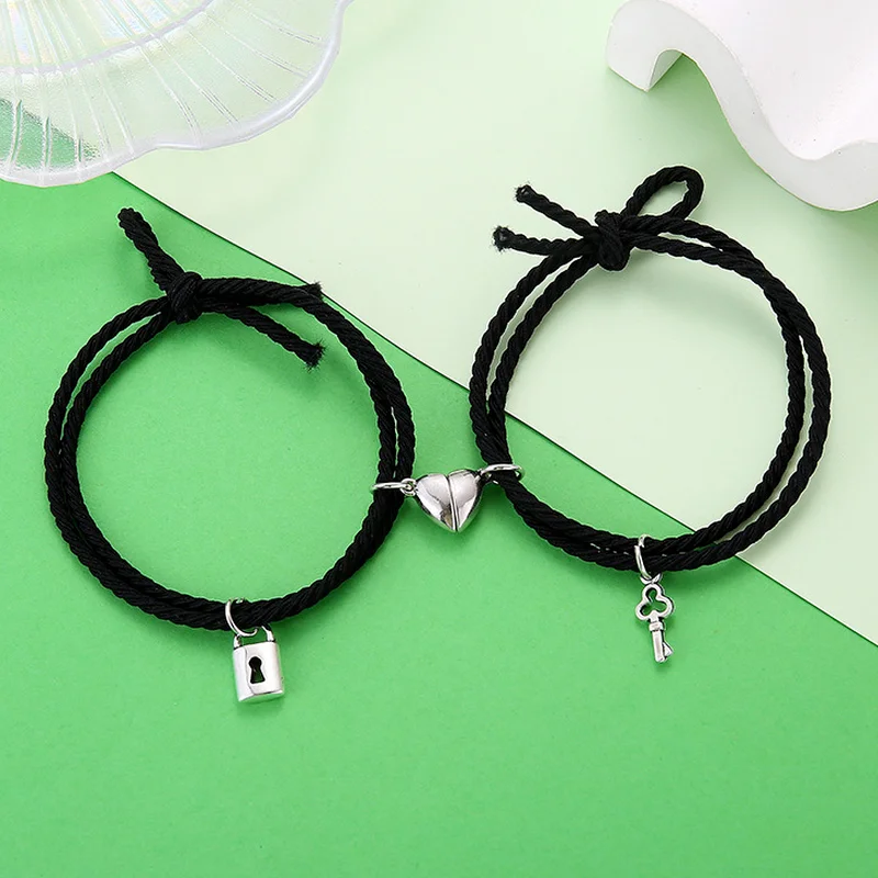 Magnet Couple Bracelets For Lovers Lock Heart Magnetic Bracelet For Women Men Braided Rope Wrist chain Minimalist Jewelry Gift