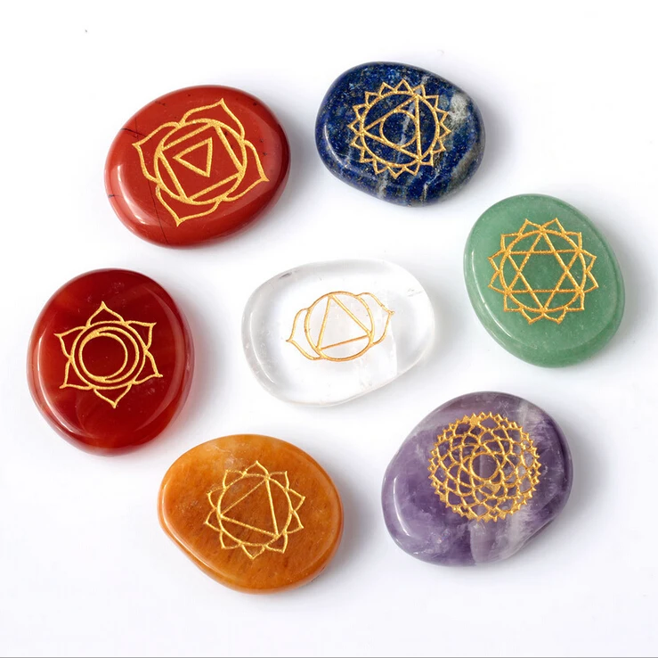 Wholesale Set of 7 stones Reiki Chakra Healing Stones Chakra Case,7 Chakra Stones with Engraved Chakra Symbols