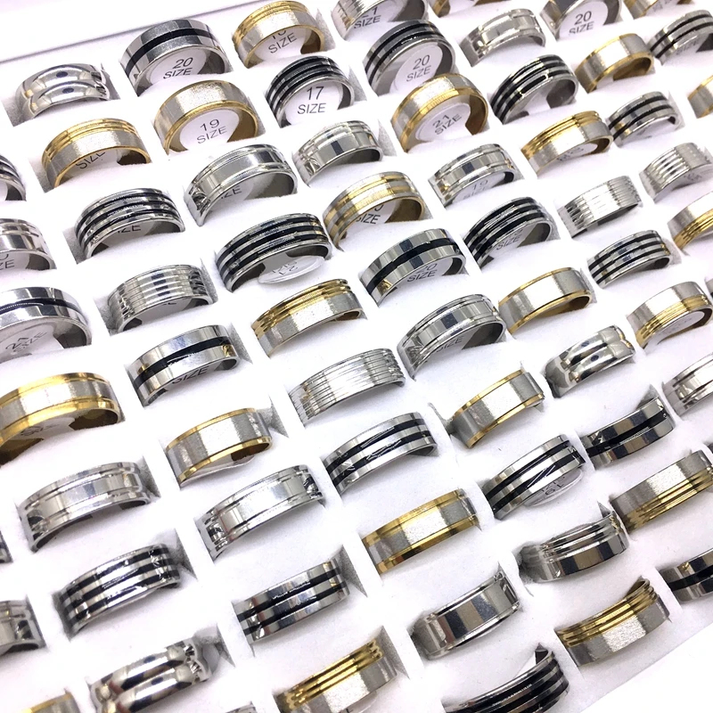 Wholesale 50pcs Mens Womens Rings Stainless Steel Mix Styles Stripe Fashion Jewelry Finger Ring Size 17-21mm Dropshipping