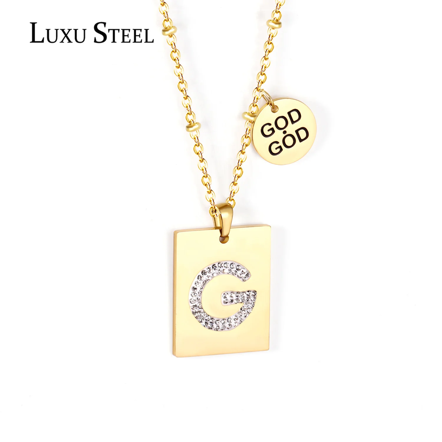 LUXUSTEEL New Letter Chain Pendant Necklace Square Shape Stainless Steel For Women/Men Golden Color Fashion Jewelry Collier