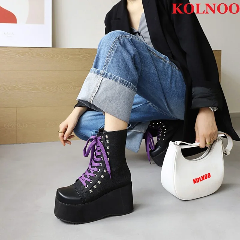 

Kolnoo New 2022 Large Size 35-47 Women Shoes Retro Vintage Platform Ankle Boots Shoelace Rivets Studded Fashion Party Prom Shoes