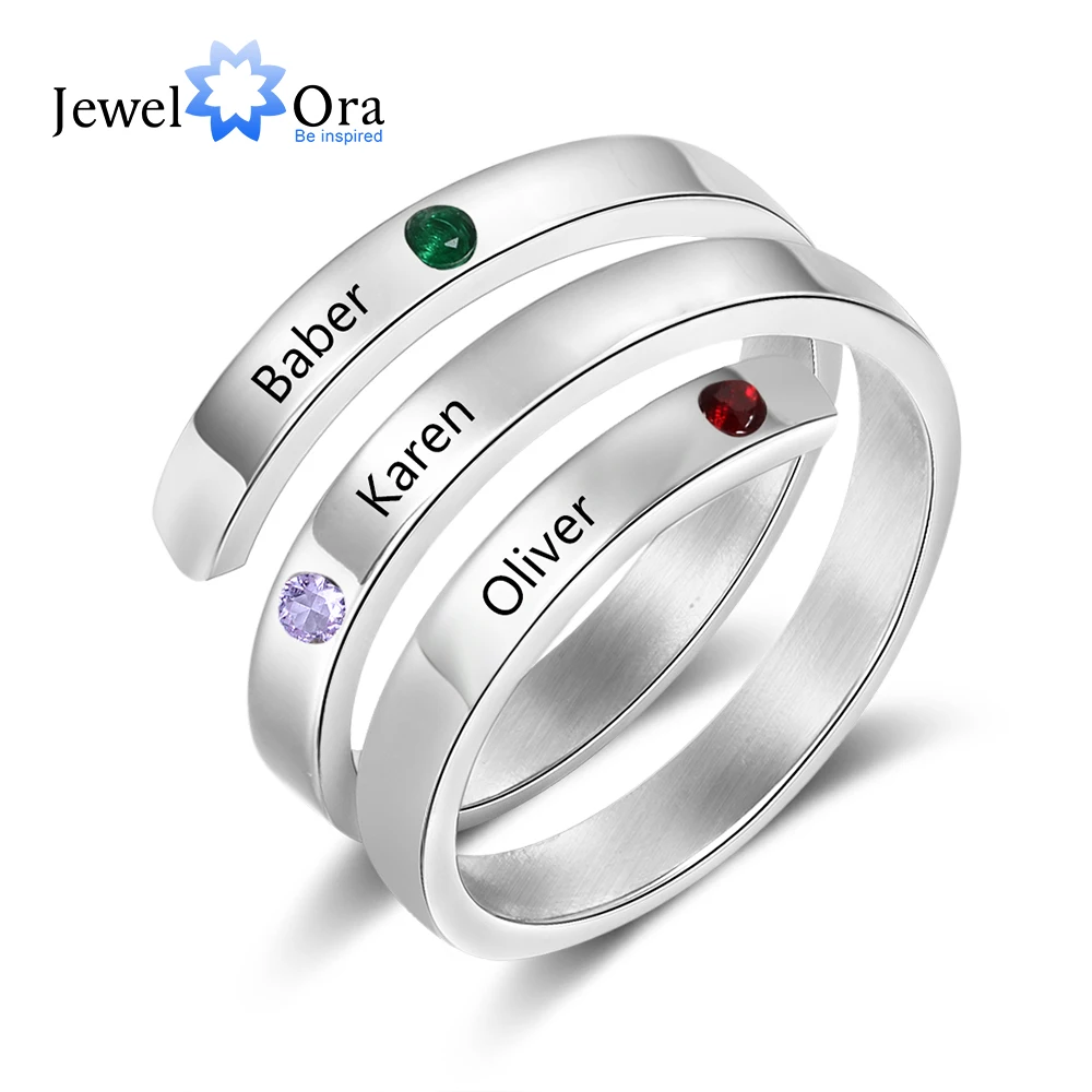 Personalized Family Gift Customized Mother Ring with 3 Birthstones Engraved Name Ring Female Fashion Jewelry (JewelOra RI103804)