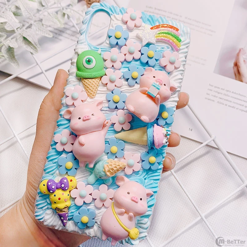 

Handmade Case For iPhone 14 pro max DIY Cover ip 12 13 min cute 3D pig phone bag ip 12 13 pro creamy case girl gifts X XS Max XR