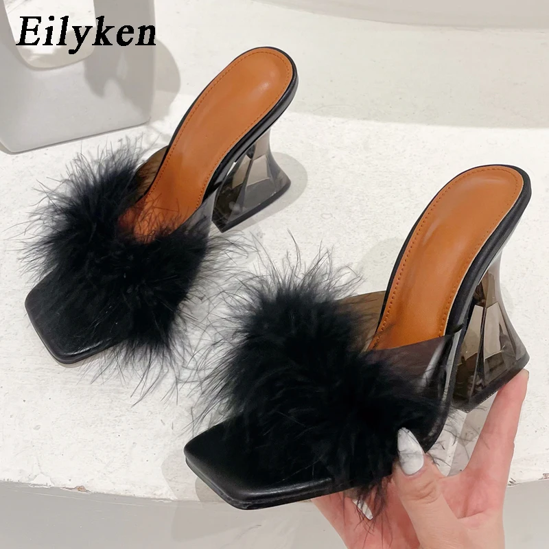 Eilyken Feather Transparent Strange High Heels Fur Slippers Sandals Women Peep Toe Mules Lady Pumps Slides Size 35-41