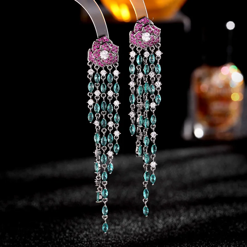 FXLRY High Quality Fashion AAA Cubic Zirconia Tassels Hyperbole Camellia Long Drop Earrings For Women Fine Jewelry