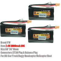 3pcs YW 7.4V 2S 2000mAh 20C Lipo Battery With XT30 Connectors For RC Wltoys Car Truck Buggy Airplane Helicopter Quadcopter Boat