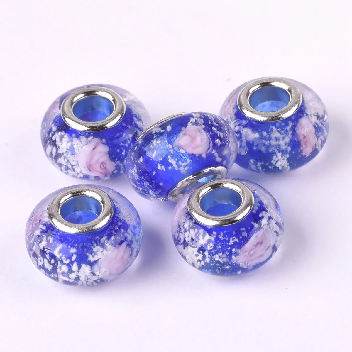 5 Buah 14Mm Rondelle Buatan Tangan Bercahaya Kaca Murano Lampwork Jimat Eropa Manik-manik Lubang Besar untuk Membuat Perhiasan Gelang