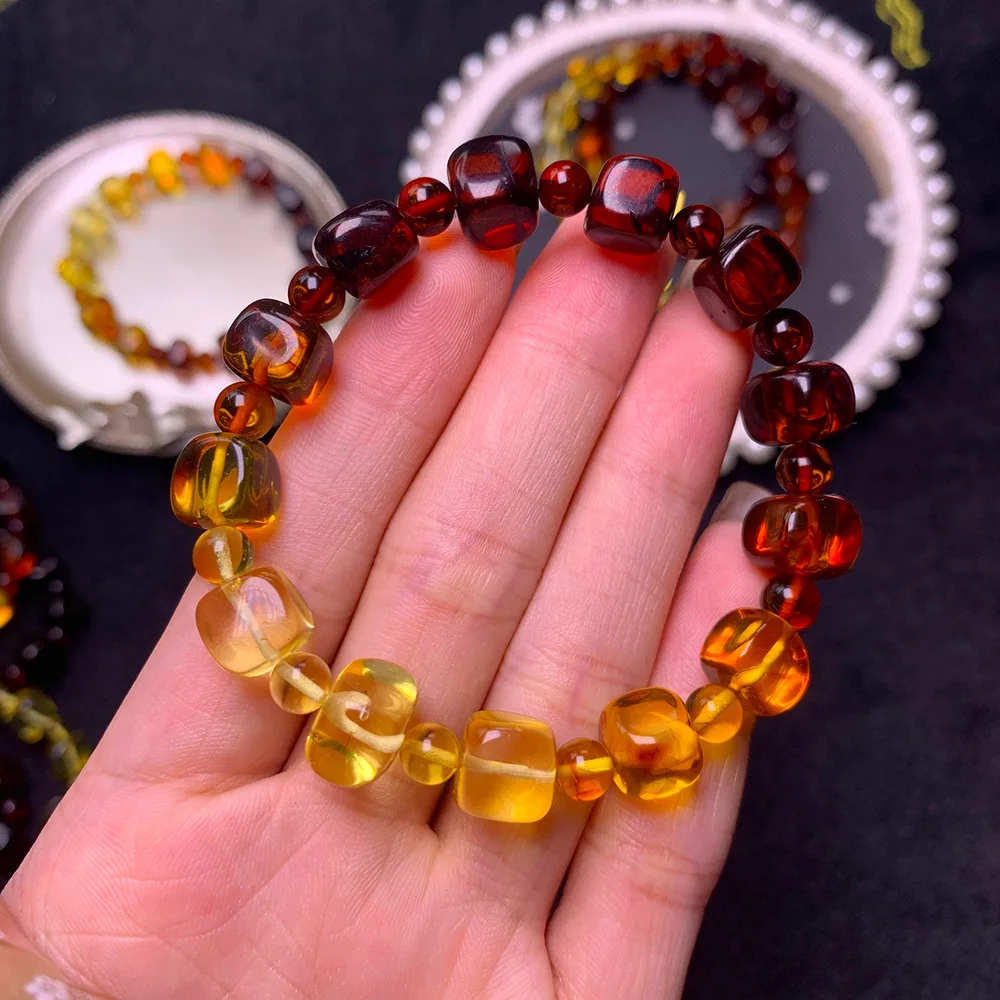 

Natural Rainbow Amber Round Cube Beads Bracelet Yellow Red Amber Women Men Healing Stretch Jewelry 7mm 8mm 9mm AAAAA