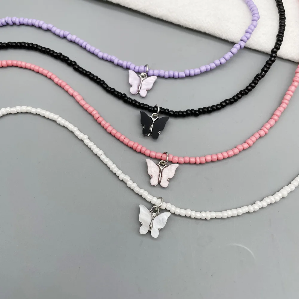 2021 New Cut Butterfly Pendant Necklace For Women Girls Boho Seed Beads Strand Women Necklace Jewelry For Vacation Beach Gift