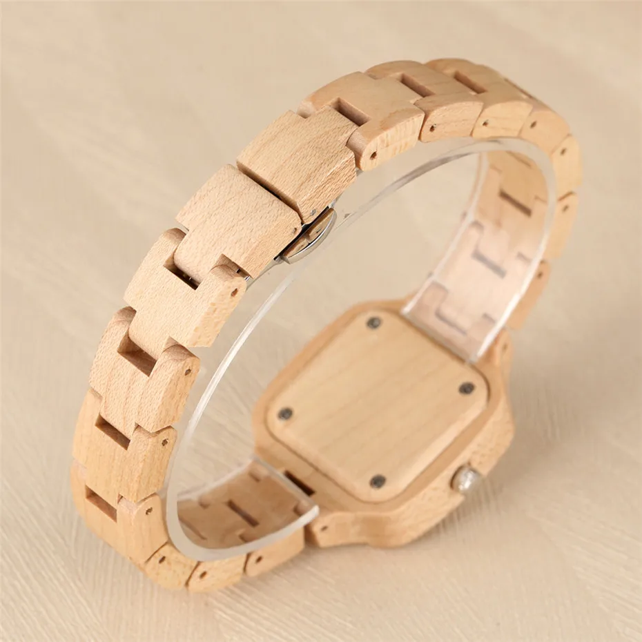 Jam Tangan Wanita Kayu Maple Mewah Jam Tangan Gelang Kayu Penuh Dial Persegi Jam Tangan Kreatif Hadiah untuk Pacar/Istri