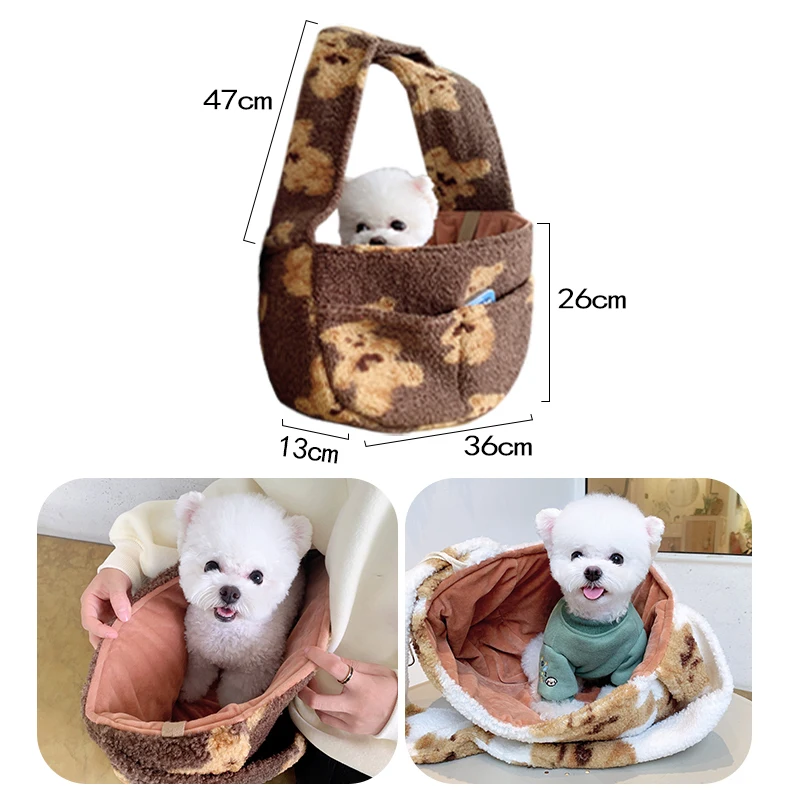 Cute Bear Fleece Pet Sling Bag Carrier Transport Dog Tote Shoulder Bag With Fur Lining Winter Warm Little Small Cat Animal Goods