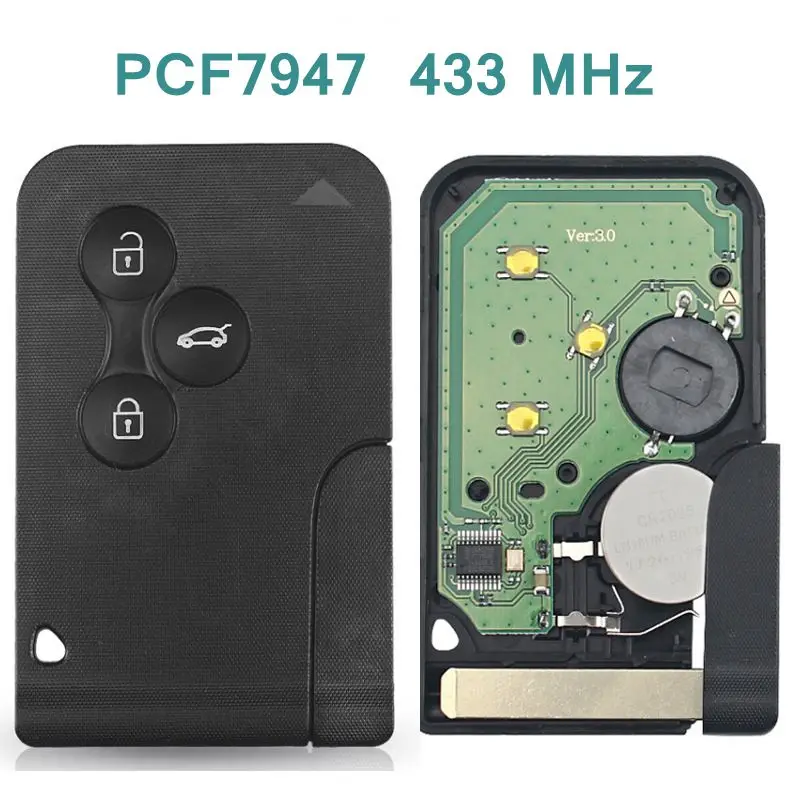 ID46 PCF7947 Chip For Renault Clio Logan Megane 2 3 Scenic Remote Key 3 Buttons 433Mhz Smart Card Emergency Insert Key Button:3