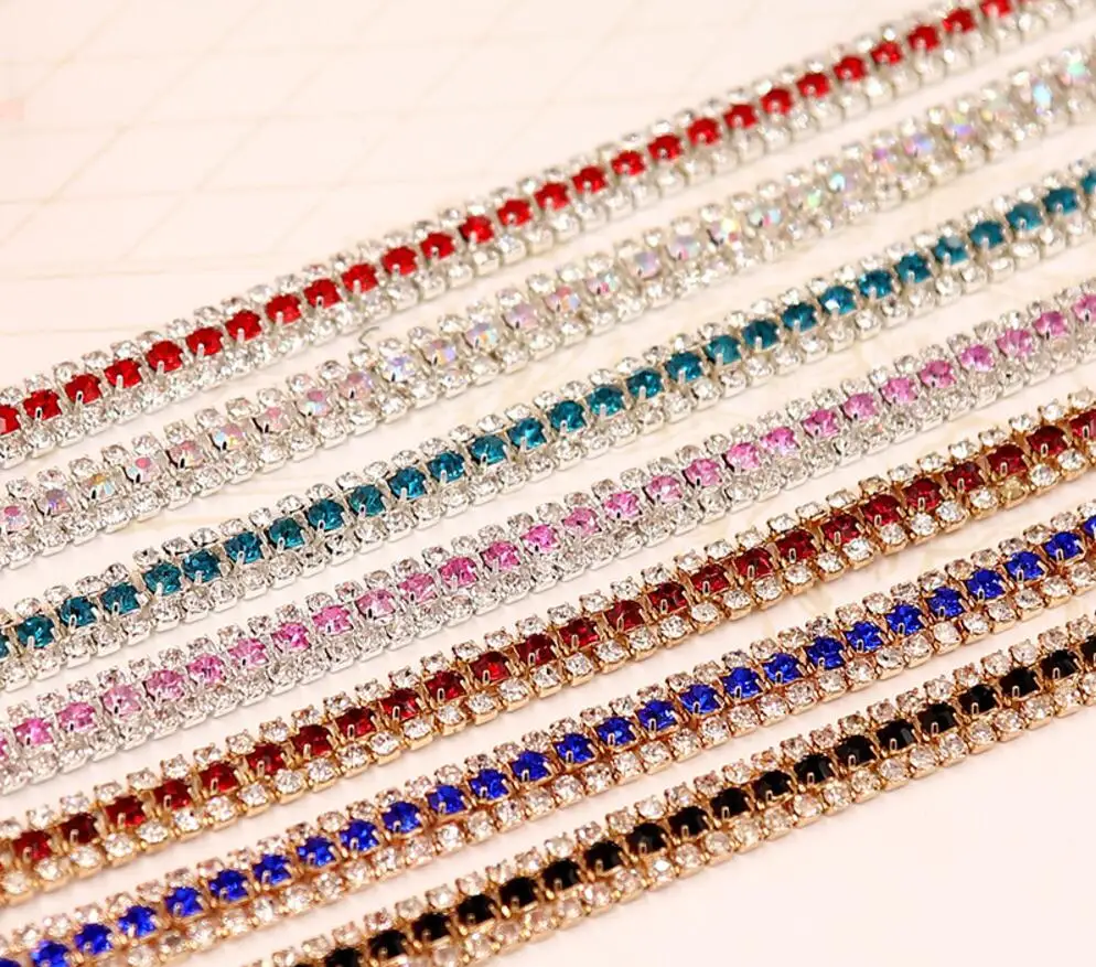 2 Yard 3Rows SS12 3mm Multicolor Crystals Rhinestones Chain Ribbon Trim For Wedding Cake Banding Sewing DIY