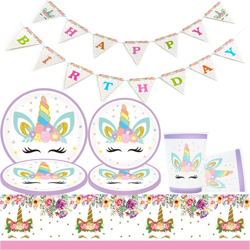 

Flower Unicorn Party Theme Pink Birthday Party Decorative Banner Tablecloth Paper Tray Disposable Tableware Set
