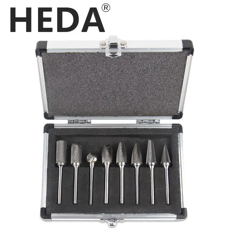 HEDA 8PCS/Set 6mm Shank Tungsten Carbide Rotary burr kit Point File Die Grinder Abrasive Tools Milling Cutter Carving