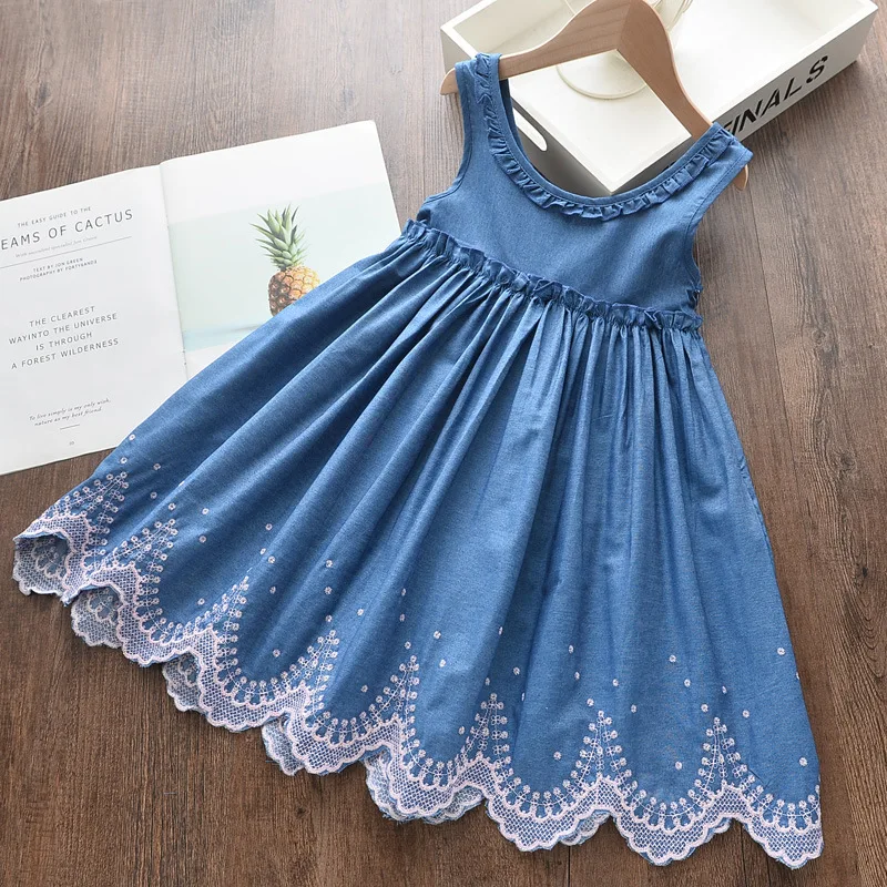 2022 New Summer Girls' Dress Vest Denim Embroidery Casual Sleeveless Party Princess Dress Children'S Baby Kids Girls Clothing