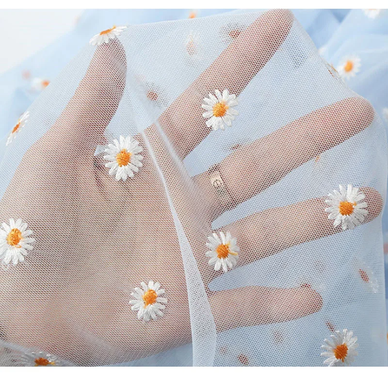 3yards Flower Daisy Embroidery Tulle Soft Mesh Fabric for Dress Skirt Transparent Lace Net fabric Gauze Apparel Cloth DIY Sewing