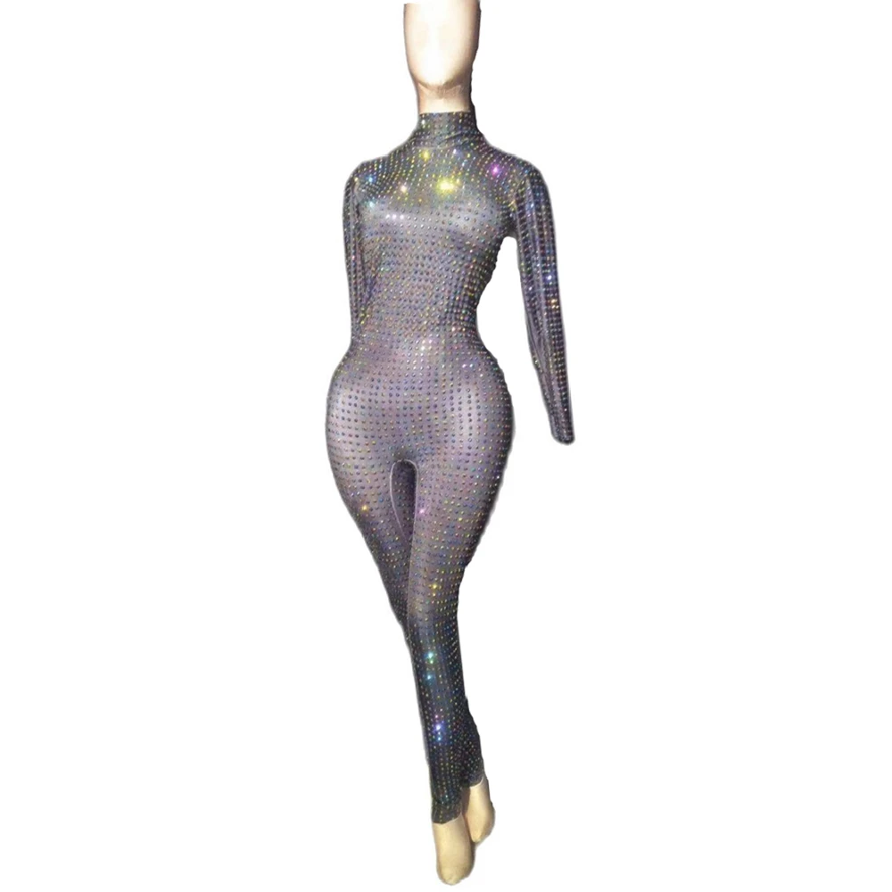 Sparkling Rhinestone Women Jumpsuit Crystal Skinny Bodysuit Party Latin Dance Outfit Club Stage Catwalk Show Drag Queen Costume