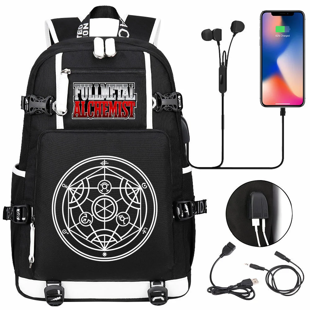 Anime Fullmetal Alchemist USB Backpack Student Schoolbag Kids Teens Black Outdoor Bags Leisure Shoulder Travel Bags