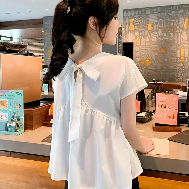 Blouses Women Loose Friend Ins Solid Summer Casual Aesthetic Back-bandage Design Stylish Soft Blusas Streetwear Preppy Korean