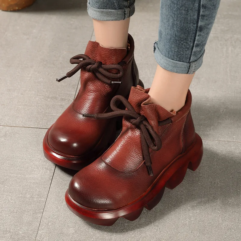 YourSeason Ankle Platform Genuine Leather Ladies Non-Slip Shoes New 2021 Round Concise Female Retro Casual Boots Toe Lace Up