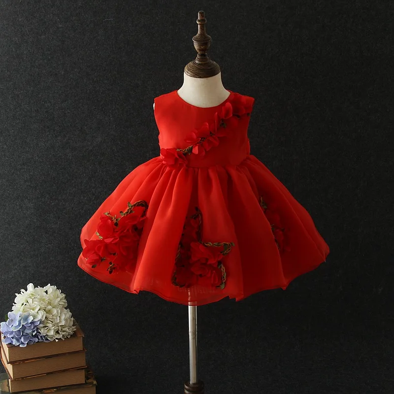 

1 Year Old Birthday Red Baby Girl Dresses Ball Gown Flower Cute Party Love Formal Toddler Little Girls Clothes RBF194015