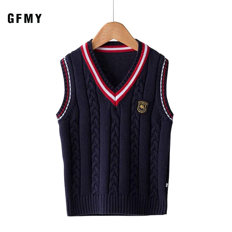 GFMY 2019 Autumn 100% Oxford Textile Cotton Solid Color 3T-14T boys white Shirt+ weater vest 2pcs Kid Casual School Clothes
