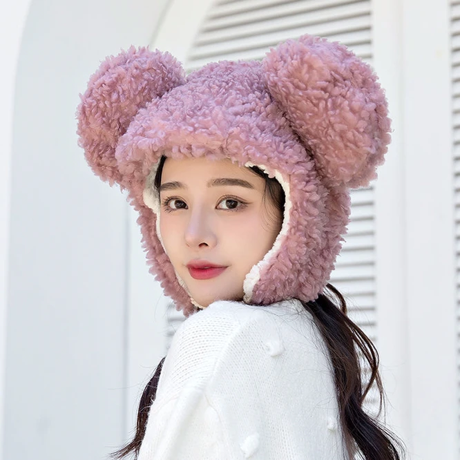 Inverno feminino quente de pelúcia engrossado bonito urso chapéu imitação cashmere menina ao ar livre dos desenhos animados chapéu interessante e romance preto