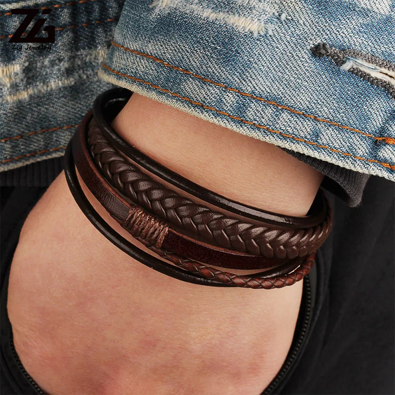 ZG Braided Leather Bracelets for Men in Black and Brown Color Armband Heren with Magnetic Elegent Bangle Male Cool Bracelet