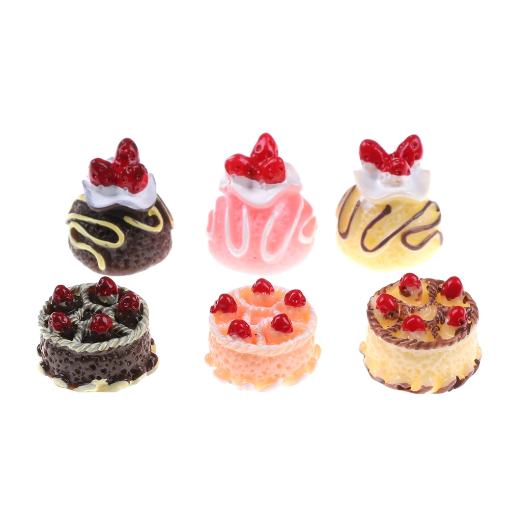 

6PCS Resin Flatback Flat Back Kawaii Resin Cabochon Fake Miniature Food Strawberry Cake Craft Decoration For Doll House