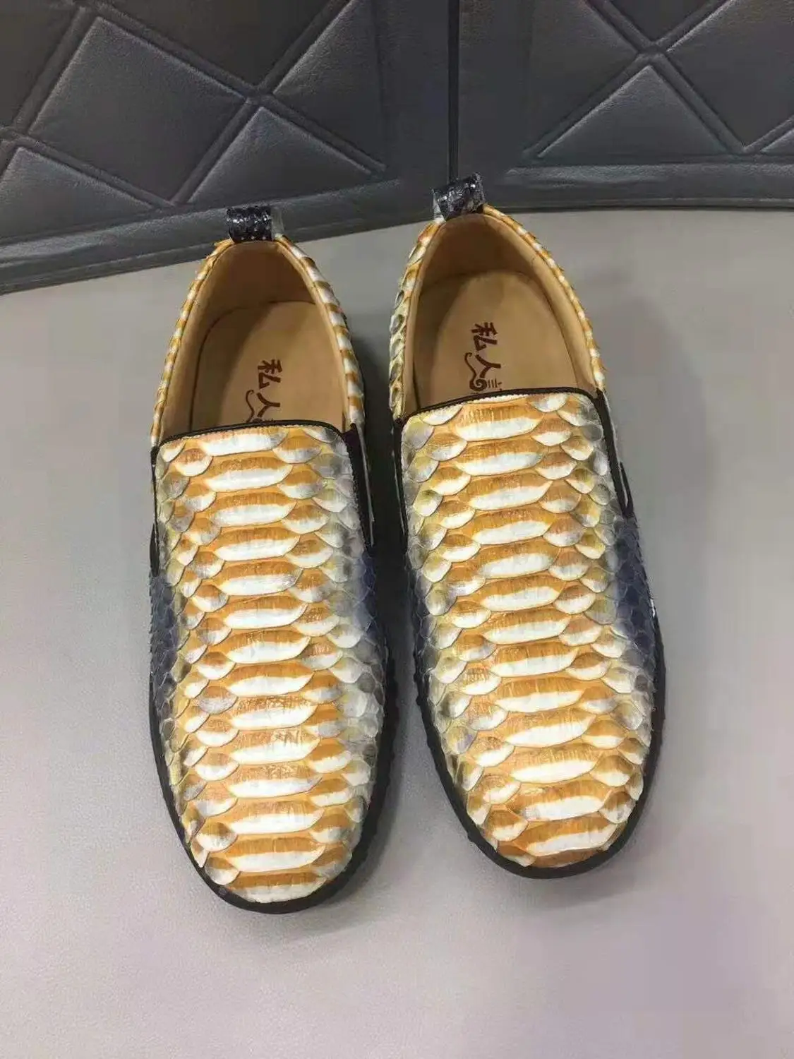 Real Genuine python skin leather men fashion shoe sneaker flat leisure shoe with cow lining gold color