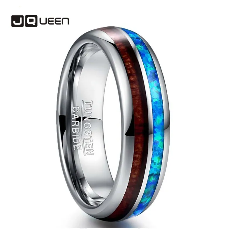 AAA Quality Vintage Men Ring Dome Polished Inlaid Blue Opal Acacia Wood Tungsten Steel Ring For Men Wedding Jewelry