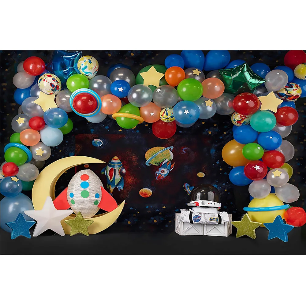 Фон для портрета новорожденного маленького астронавта, воздушные шары, настенный торт на день рождения, разбивающийся фон, луна, звезды, космическая галактика, фотосессия