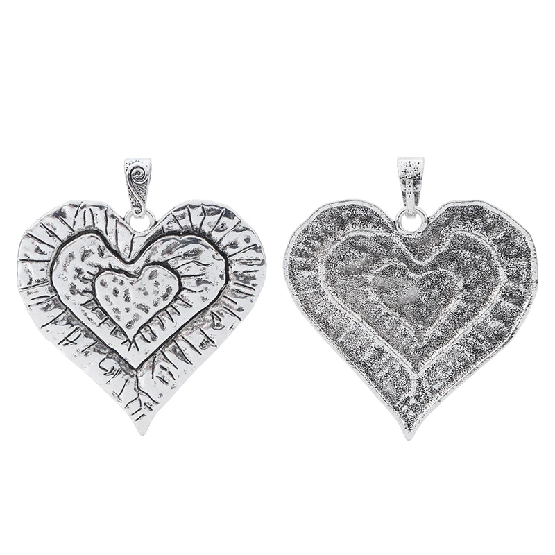 2pcs Tibetan Silver Large Hammered 3 Layer Heart Charms Pendants for Necklace Jewelry Making Findings 69x65mm