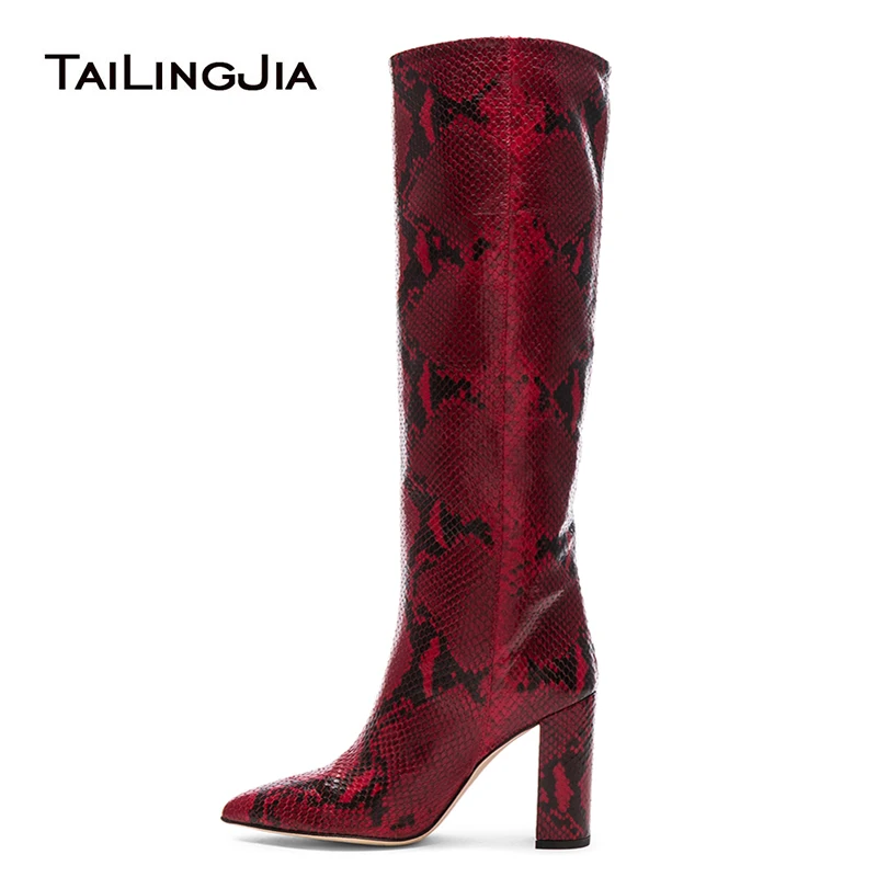 

Red Snake Print PU Leather Knee High Boots Sexy Pointed Toe Block High Heel Ladies Large Size 2024 Winter New Arrival Long Boot