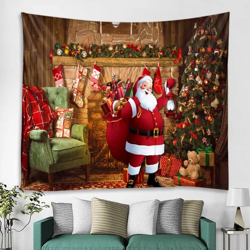 Christmas tapestry wall hanging Santa Claus Christmas tree snow scene home holiday decoration tapestry fireplace Christmas gifts