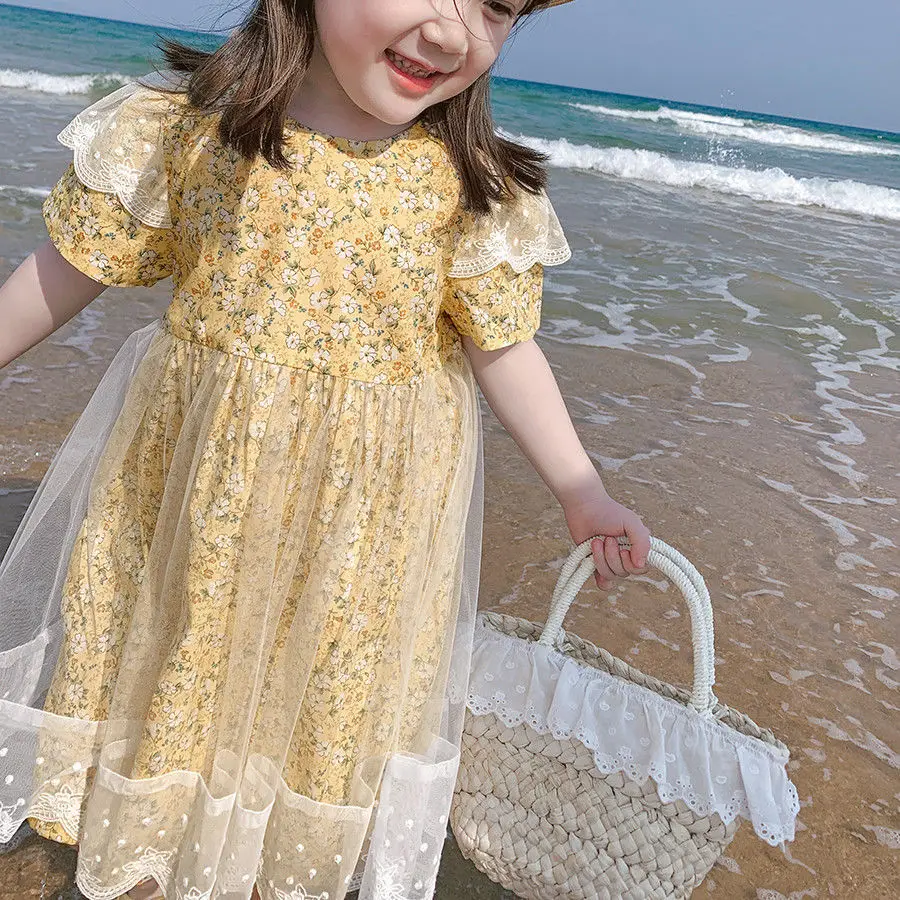 

Summer Beach Dress for Girls Kids Short Sleeve Floral Printed Dress for Toddler Girls Clothes Sweet Tulle Dress Children Clothes