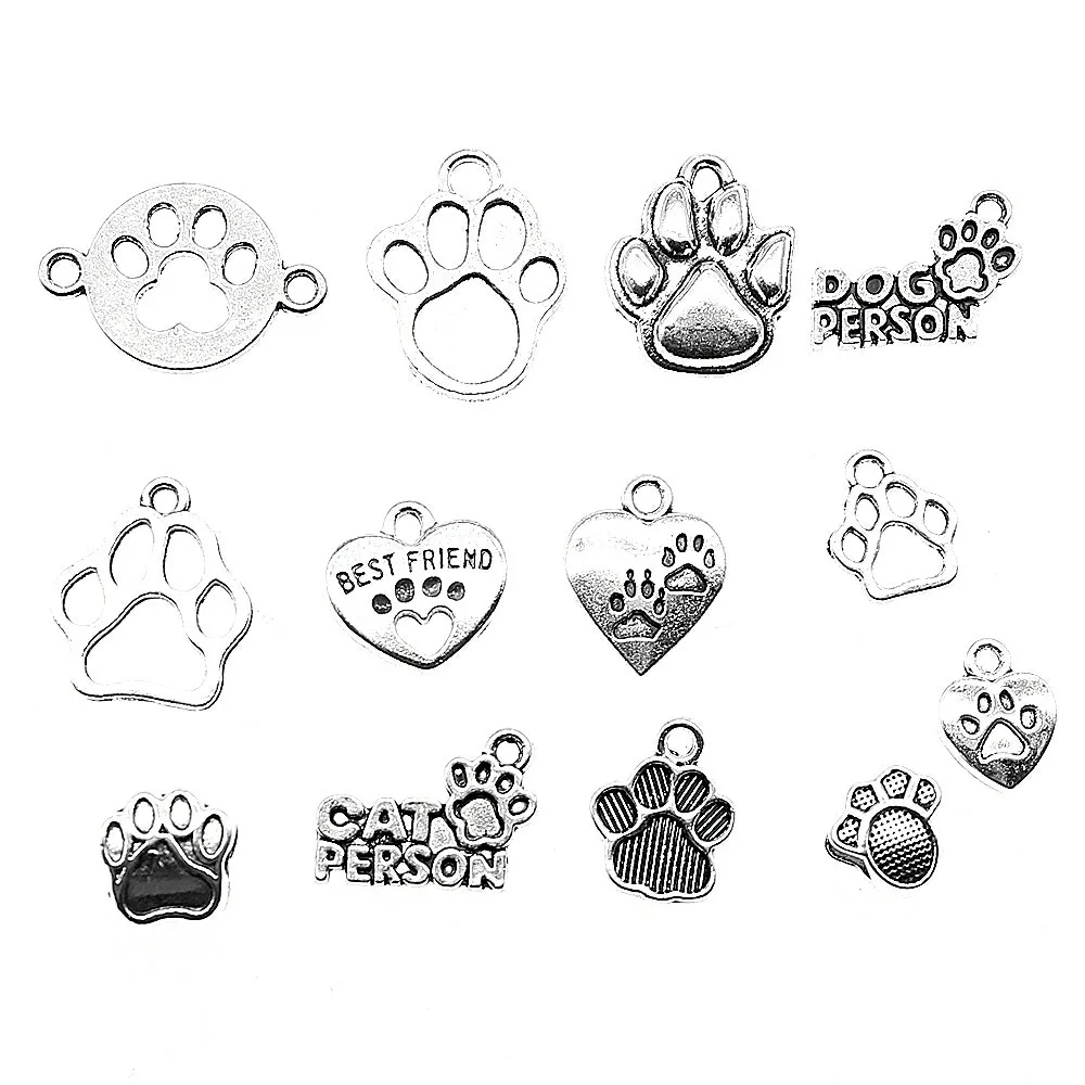 20 pçs / lote Amuletos de pata de prata antigo pingente de pata de cachorro Amuletos de pata de gato fofo para fazer joias DIY Craft