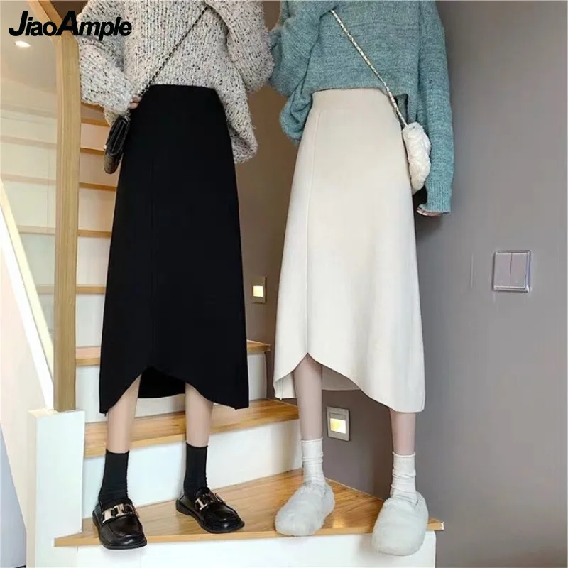 

Women's Graceful High Waist Solid Knitted Skirts 2021 Korean Casual Joker Black Slim Autumn Winter Long Skirt Lady Falls Clothes