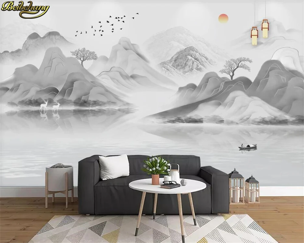 

beibehang Custom 3d Wallpaper Mural New Chinese Zen Ink Landscape Painting TV Sofa Background Wall paper papel de parede