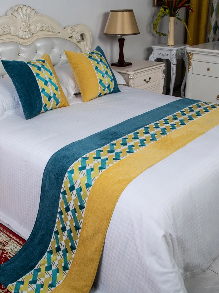 High-grade Throw Runners Patchwork Solid Bed Runners American Geometric Yellow Bed Covers Home Hotel Decoration  Bed Spread