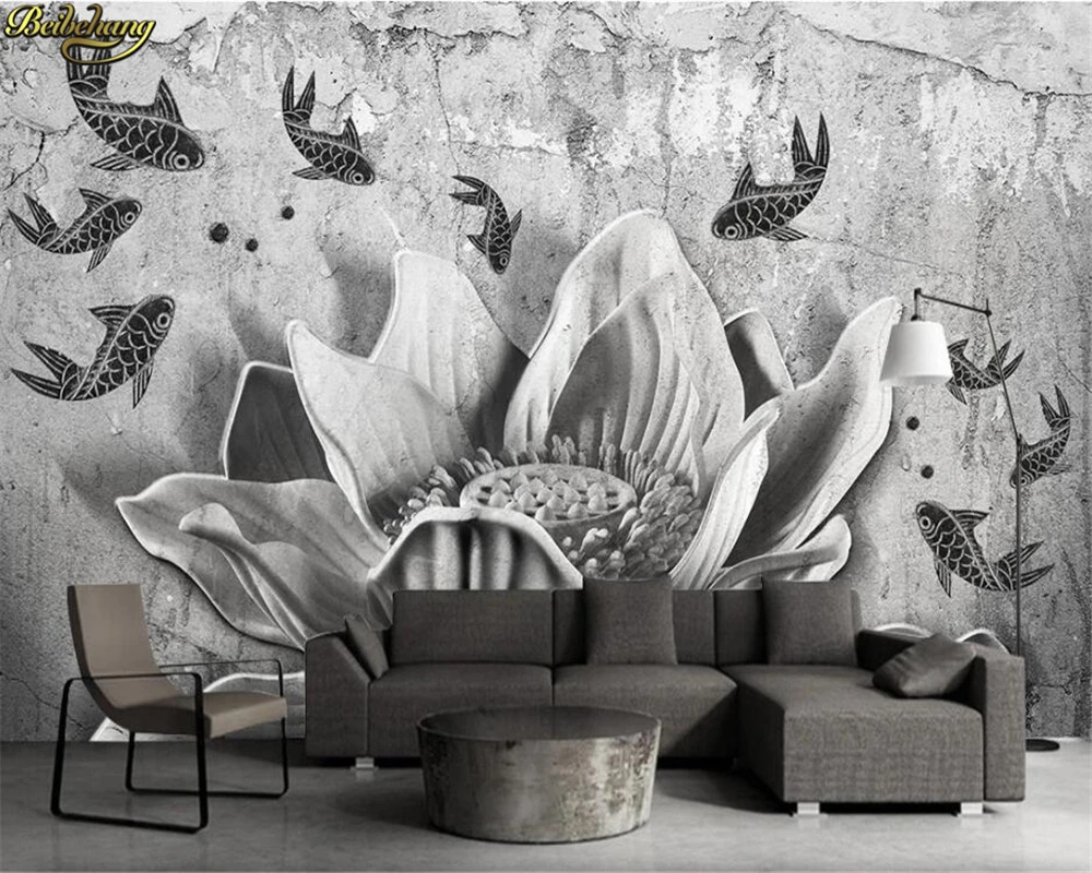 Custom wall paper mural 3D embossed lotus retro cement TV sofa background wall papers home decor parede 3d wallpaper