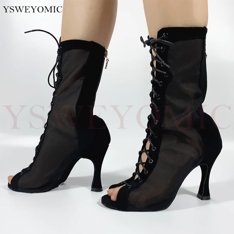 2020 Women Mesh High Boots Dance Shoes Suede Outsole Black Nubuck Leather Salsa Latin Dance Shoes With Factory Price