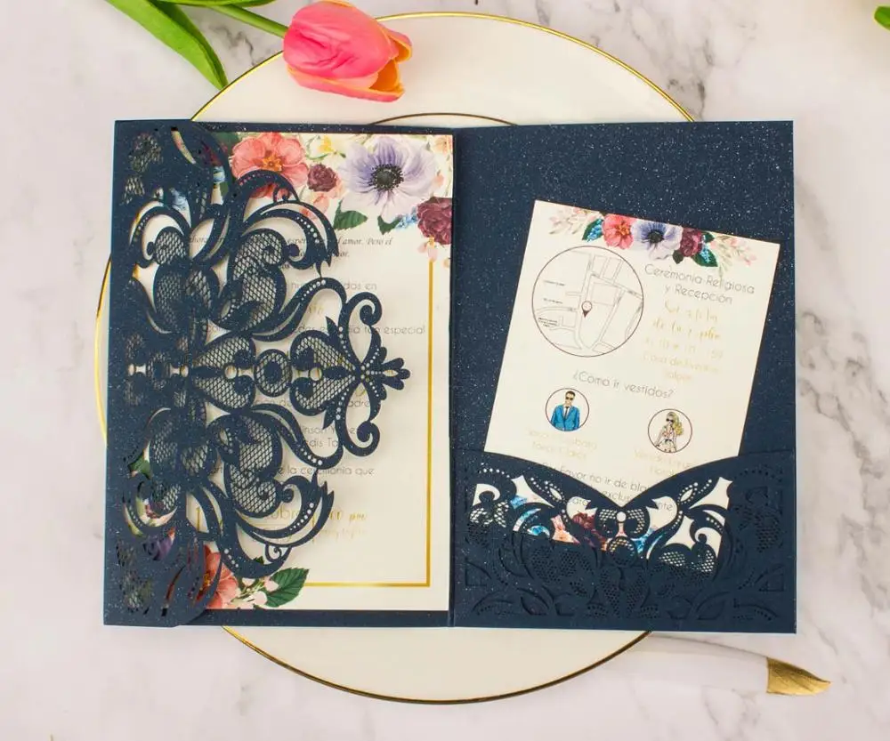 1X 3 fold Wedding Invitations Cards White Navy Blue Champange Rose Gold Glitter Tri fold Laser Cut Invitation invite Envelopes