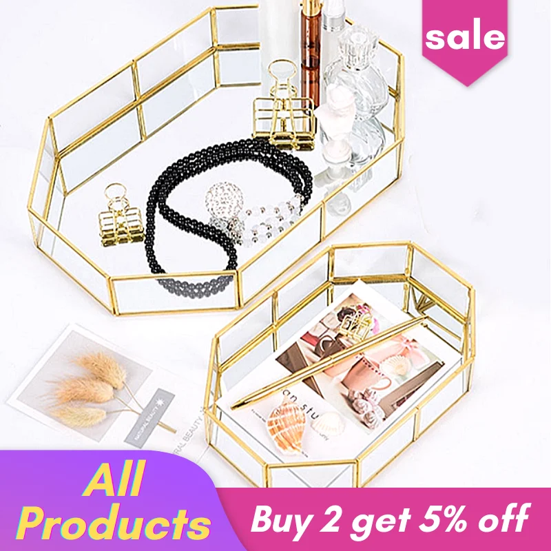 Golden Mirror Tray Cosmetic Container Jewelry Organizer Case Bathroom Storage Lipstick Necklace Desktop pantry organizer cake