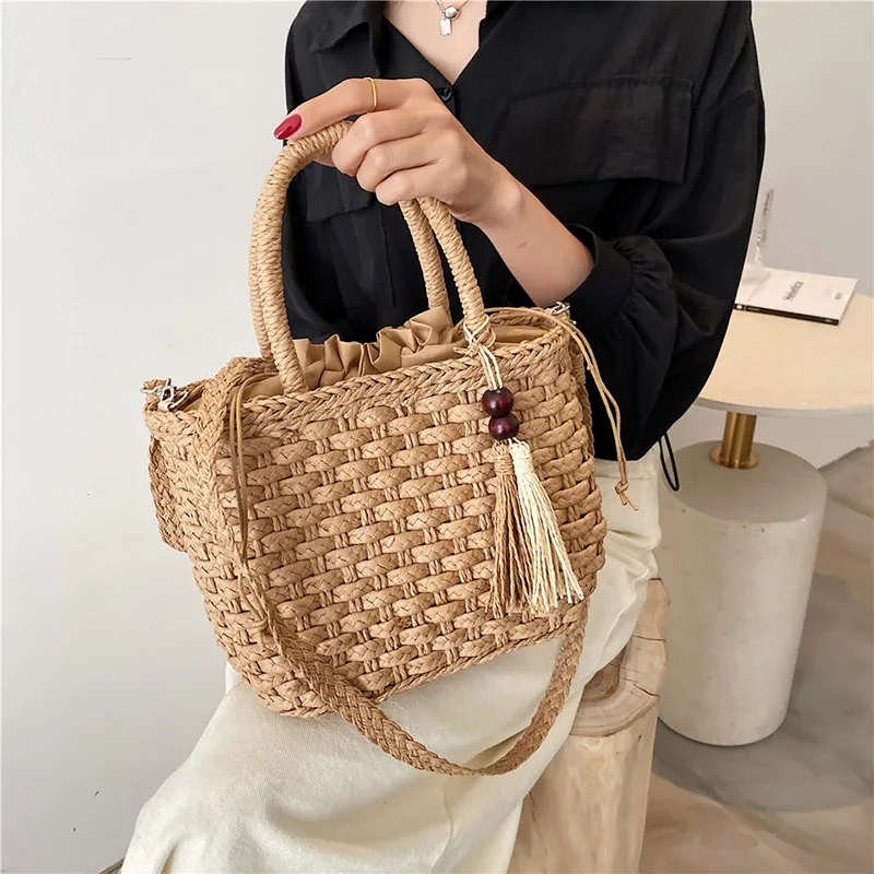 Woven Straw Bucket Shoulder Bags For Women 2021 Summer Straw Crossbody Bag Women Designer Handbags Travel Beach Holiday Tote Bag